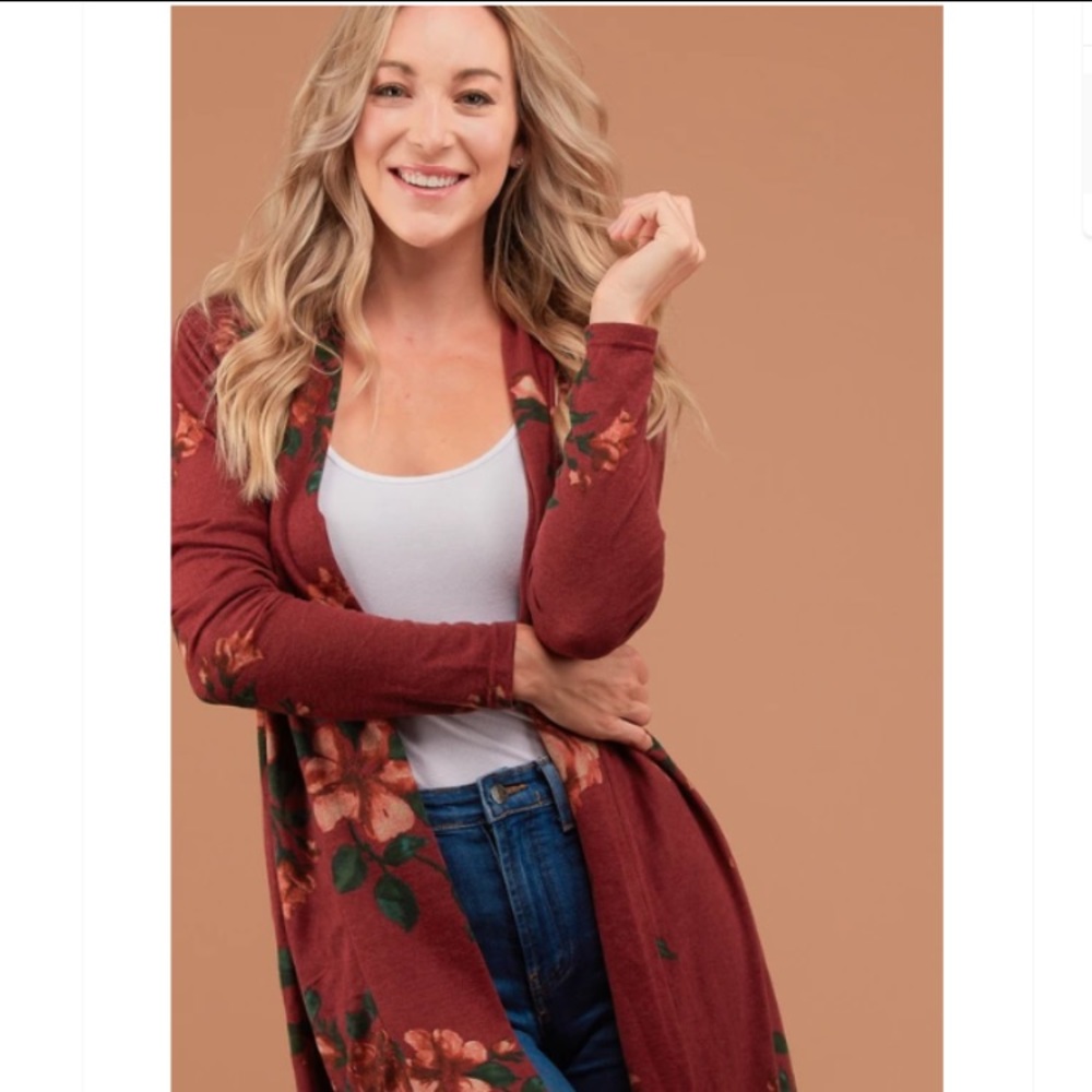 ONLY ONE LEFT!  Burgundy Floral Long Cardigan - Picture 3 of 5